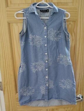 Blue Cotton Sleeveless Button-Front Floral Embroidered Dress